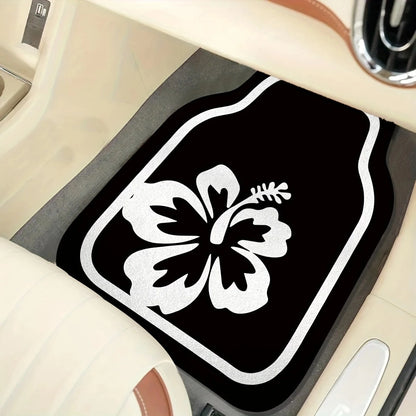 4-Piece Car Floor Mat Set: White Hibiscus Flower Pattern, Crystal Velvet, Polyester Fiber, Universal Fit For Front And Rear Seats, Suitable For Various Car Models