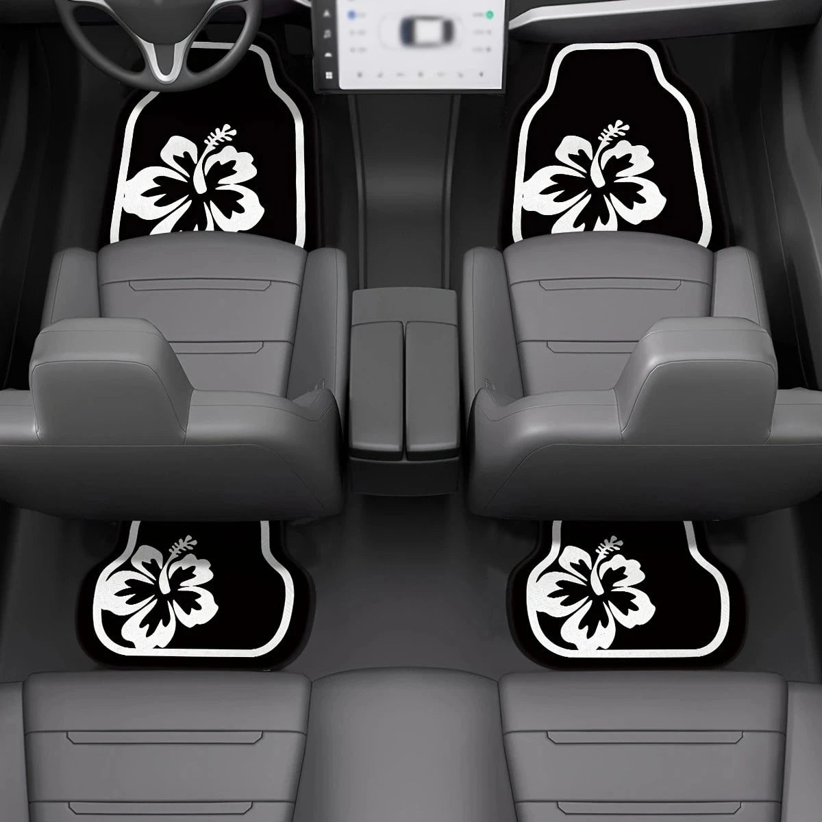 4-Piece Car Floor Mat Set: White Hibiscus Flower Pattern, Crystal Velvet, Polyester Fiber, Universal Fit For Front And Rear Seats, Suitable For Various Car Models