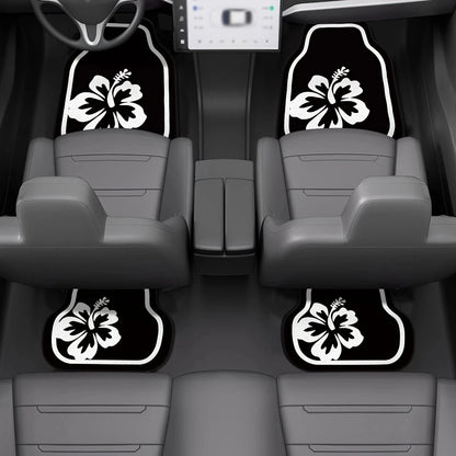 4-Piece Car Floor Mat Set: White Hibiscus Flower Pattern, Crystal Velvet, Polyester Fiber, Universal Fit For Front And Rear Seats, Suitable For Various Car Models