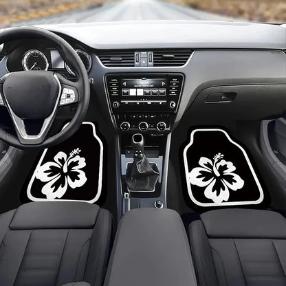 4-Piece Car Floor Mat Set: White Hibiscus Flower Pattern, Crystal Velvet, Polyester Fiber, Universal Fit For Front And Rear Seats, Suitable For Various Car Models