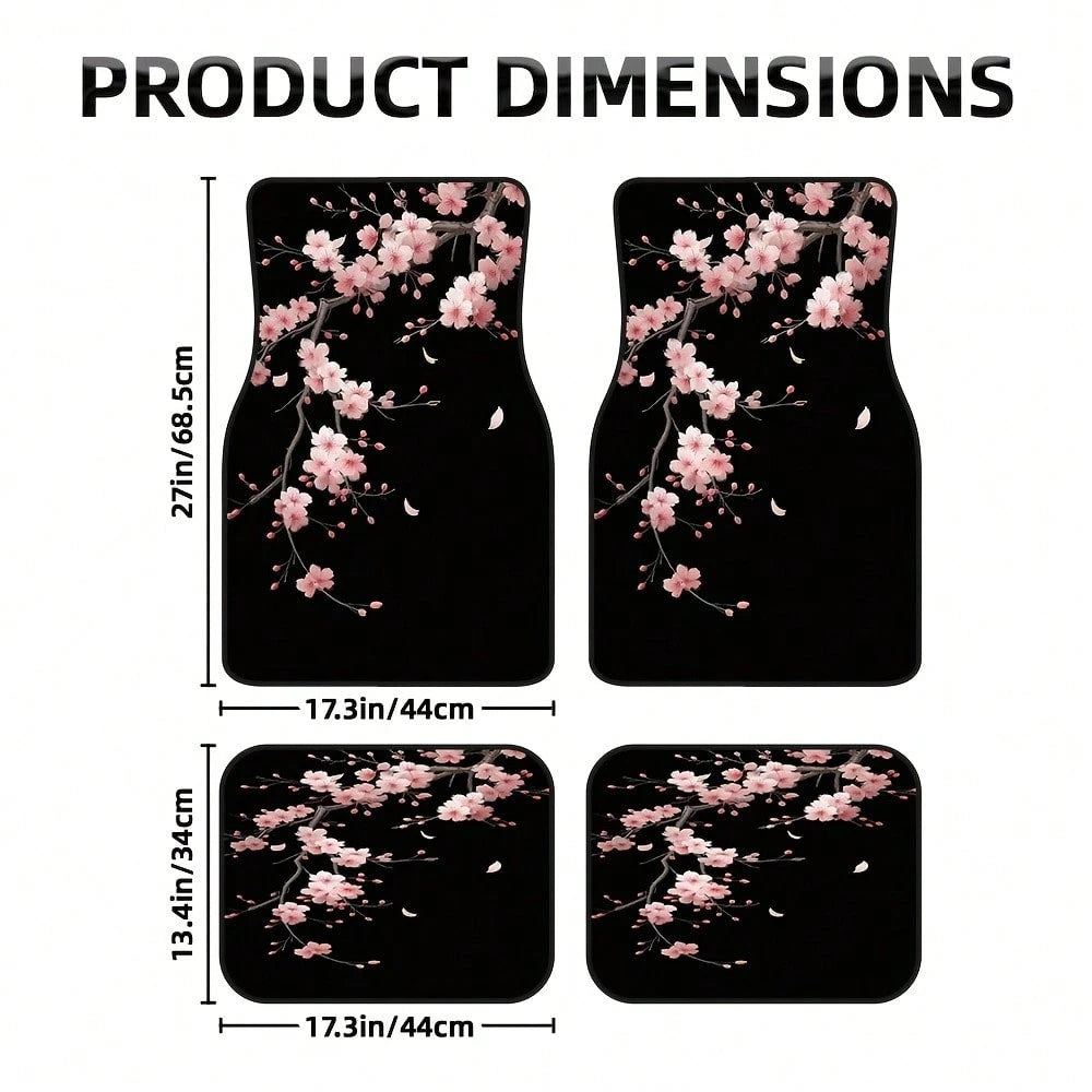 4-Piece Set Of Japanese-Style Cherry Blossom Car Floor Mats, Black With Pink Floral Design, Durable Polyester Car Mats, Suitable For Hatchbacks And SUVs, Easy-To-Clean Surface, Pet-Friendly And A Grea