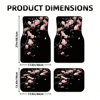 4-Piece Set Of Japanese-Style Cherry Blossom Car Floor Mats, Black With Pink Floral Design, Durable Polyester Car Mats, Suitable For Hatchbacks And SUVs, Easy-To-Clean Surface, Pet-Friendly And A Grea