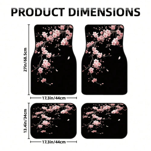 4-Piece Set Of Japanese-Style Cherry Blossom Car Floor Mats, Black With Pink Floral Design, Durable Polyester Car Mats, Suitable For Hatchbacks And SUVs, Easy-To-Clean Surface, Pet-Friendly And A Grea