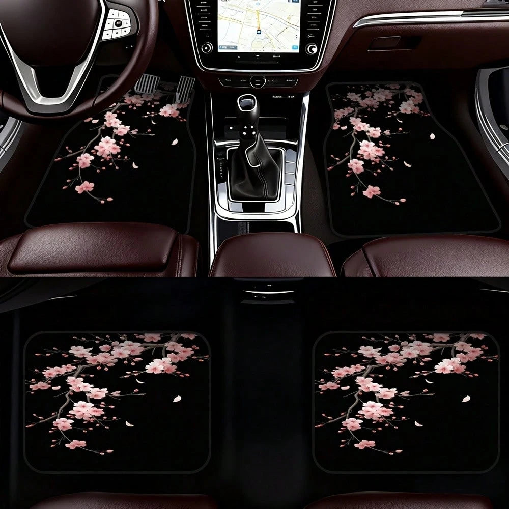 4-Piece Set Of Japanese-Style Cherry Blossom Car Floor Mats, Black With Pink Floral Design, Durable Polyester Car Mats, Suitable For Hatchbacks And SUVs, Easy-To-Clean Surface, Pet-Friendly And A Grea