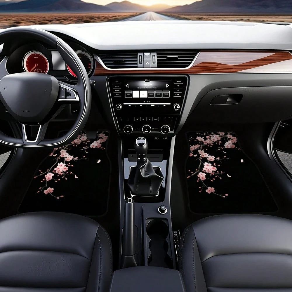 4-Piece Set Of Japanese-Style Cherry Blossom Car Floor Mats, Black With Pink Floral Design, Durable Polyester Car Mats, Suitable For Hatchbacks And SUVs, Easy-To-Clean Surface, Pet-Friendly And A Grea