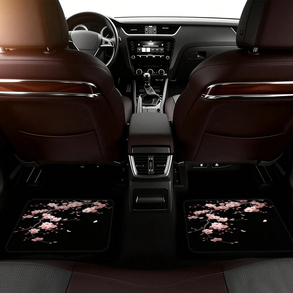 4-Piece Set Of Japanese-Style Cherry Blossom Car Floor Mats, Black With Pink Floral Design, Durable Polyester Car Mats, Suitable For Hatchbacks And SUVs, Easy-To-Clean Surface, Pet-Friendly And A Grea