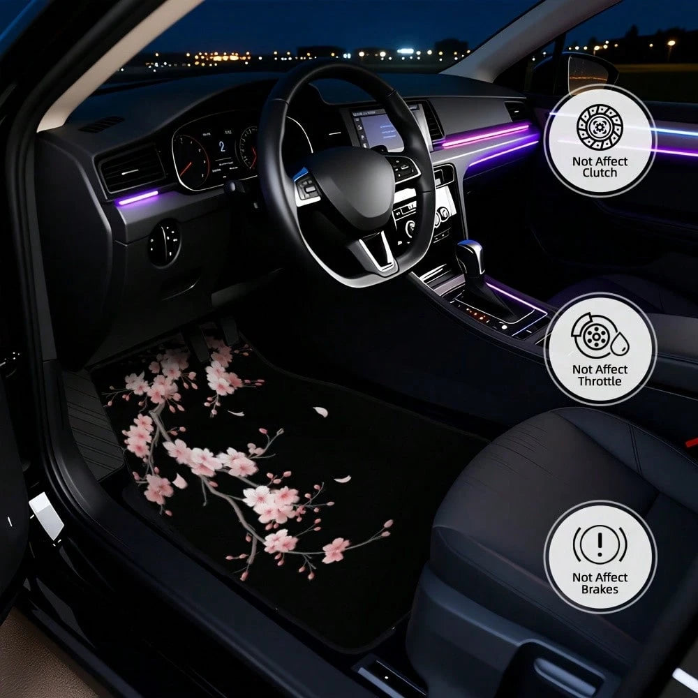 4-Piece Set Of Japanese-Style Cherry Blossom Car Floor Mats, Black With Pink Floral Design, Durable Polyester Car Mats, Suitable For Hatchbacks And SUVs, Easy-To-Clean Surface, Pet-Friendly And A Grea