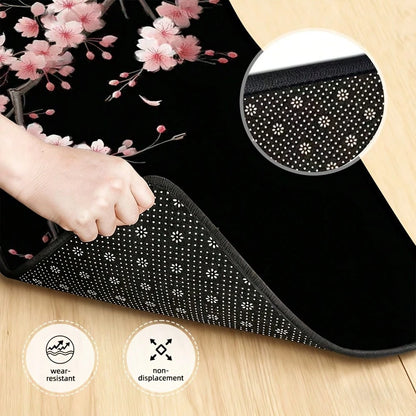 4-Piece Set Of Japanese-Style Cherry Blossom Car Floor Mats, Black With Pink Floral Design, Durable Polyester Car Mats, Suitable For Hatchbacks And SUVs, Easy-To-Clean Surface, Pet-Friendly And A Grea