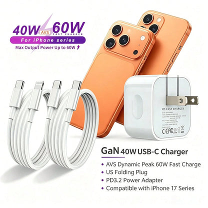 40W GaN Fast Charger With Max 60W AVS Output, Built‑In PD3.2 Protocol, Delivers High‑Speed Efficient Charging. Compact Gallium‑Nitride Design Greatly Reduces Charger Size While Maintaining Stable Powe