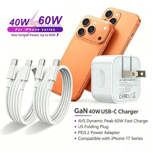 40W GaN Fast Charger With Max 60W AVS Output, Built‑In PD3.2 Protocol, Delivers High‑Speed Efficient Charging. Compact Gallium‑Nitride Design Greatly Reduces Charger Size While Maintaining Stable Powe