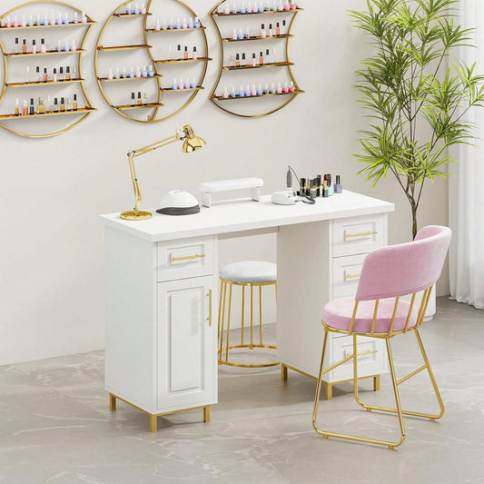 43 Inch Nail Tech Desk For Nail Tech, Wooden Manicure Table With Storage, Nail Table With 5 Drawers And Cabinet, Manicure Desk Nail Station, Pink/ Black/ White