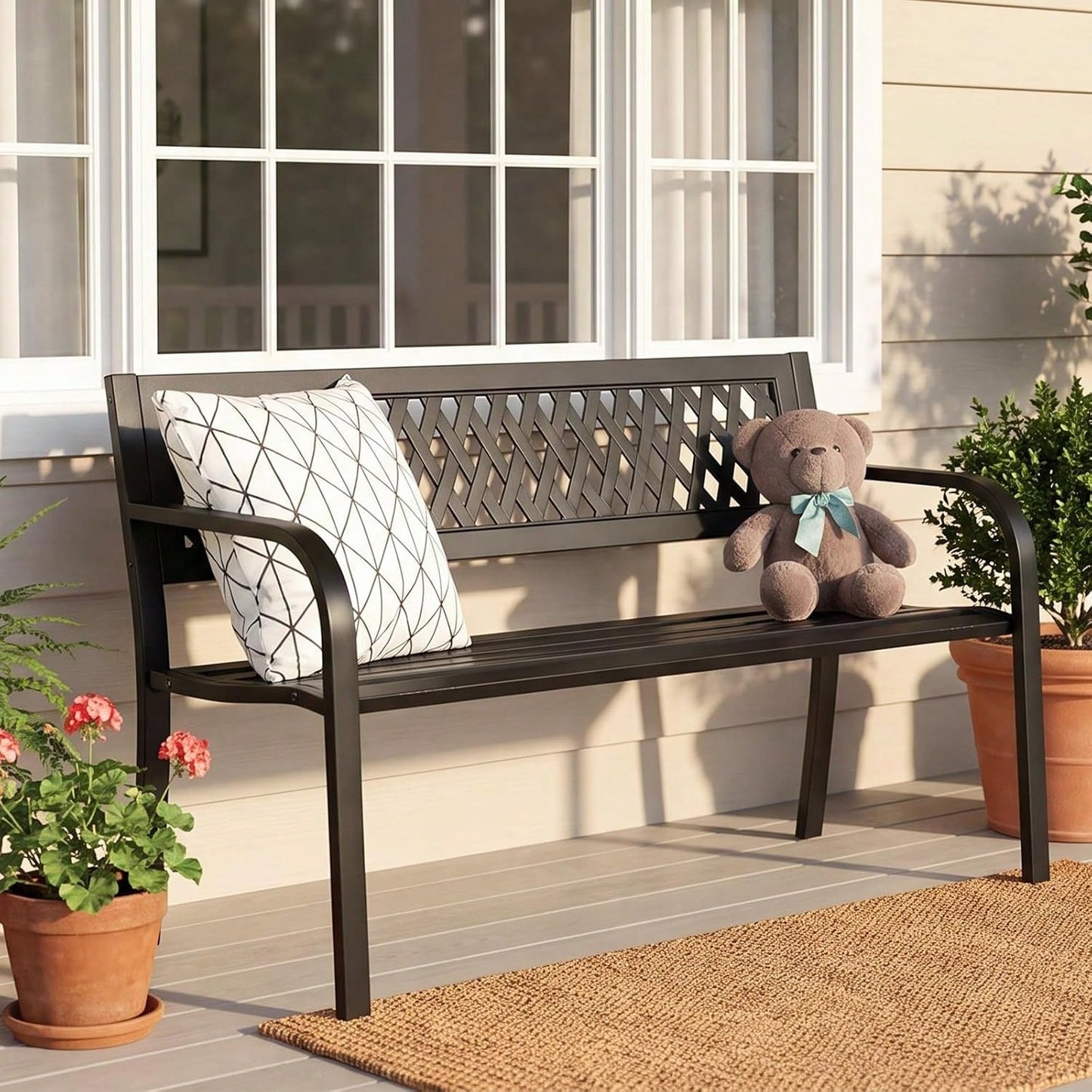 47'' Outdoor Bench, Weather Resistant Garden Patio Bench Powder Coated Iron Frame W/PVC Mesh Backrest Slatted Seat, 2-Person Outdoor Furniture For Front Porch Entryway Park Black