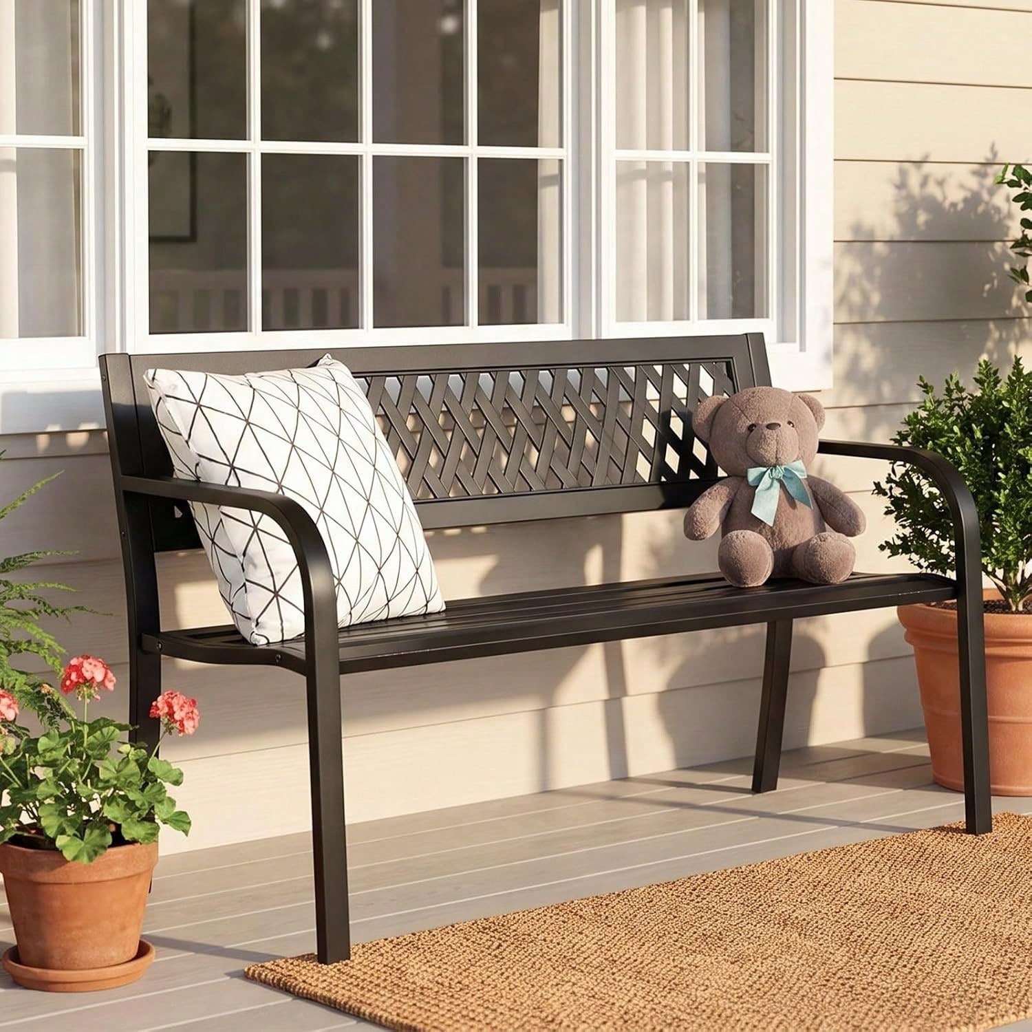 47'' Outdoor Bench, Weather Resistant Garden Patio Bench Powder Coated Iron Frame W/PVC Mesh Backrest Slatted Seat, 2-Person Outdoor Furniture For Front Porch Entryway Park Black