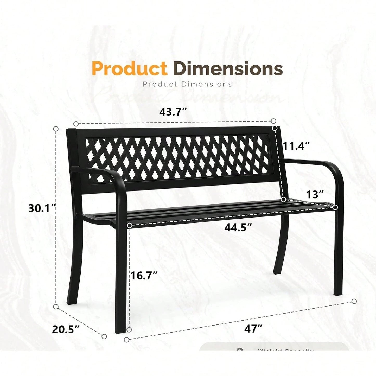 47'' Outdoor Bench, Weather Resistant Garden Patio Bench Powder Coated Iron Frame W/PVC Mesh Backrest Slatted Seat, 2-Person Outdoor Furniture For Front Porch Entryway Park Black