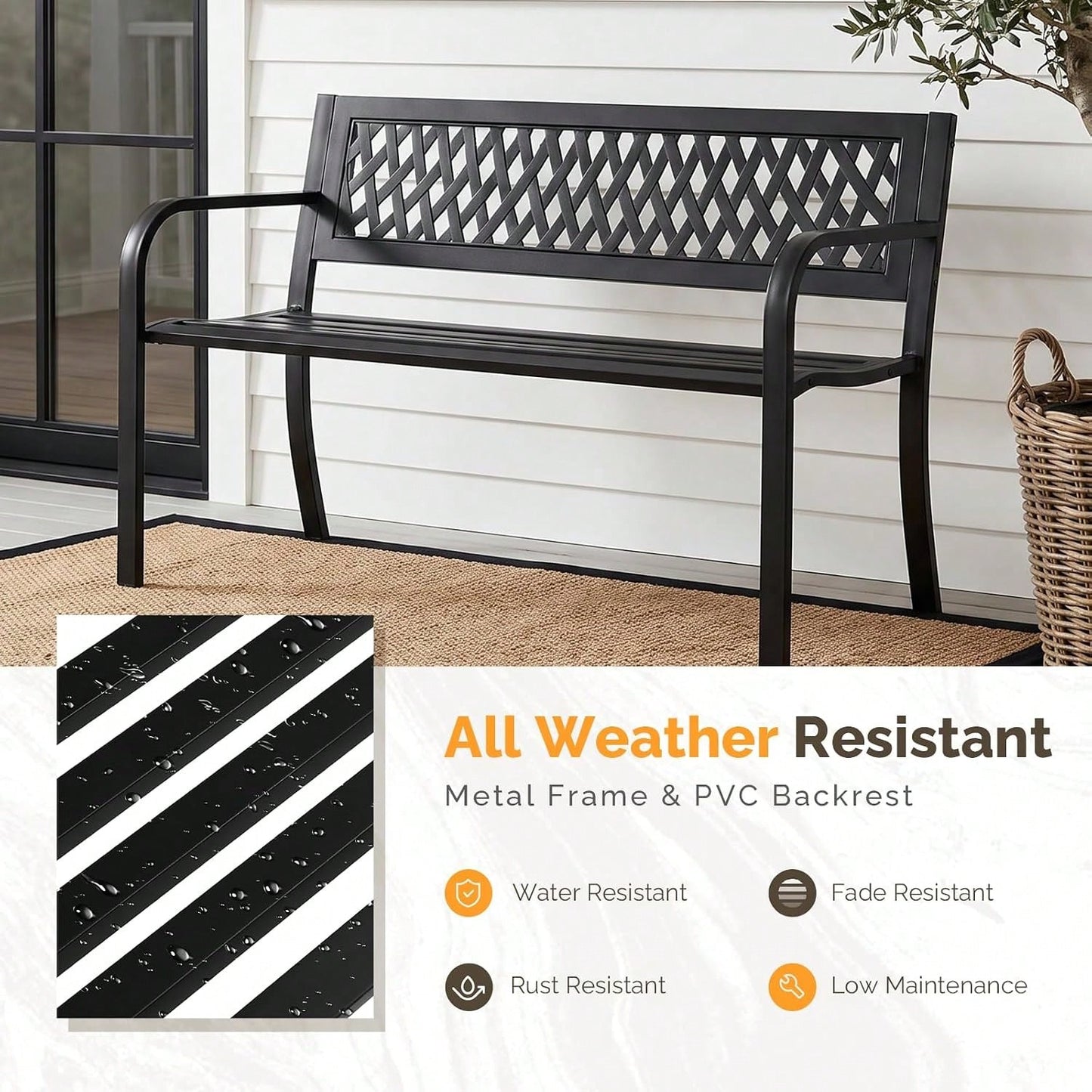 47'' Outdoor Bench, Weather Resistant Garden Patio Bench Powder Coated Iron Frame W/PVC Mesh Backrest Slatted Seat, 2-Person Outdoor Furniture For Front Porch Entryway Park Black