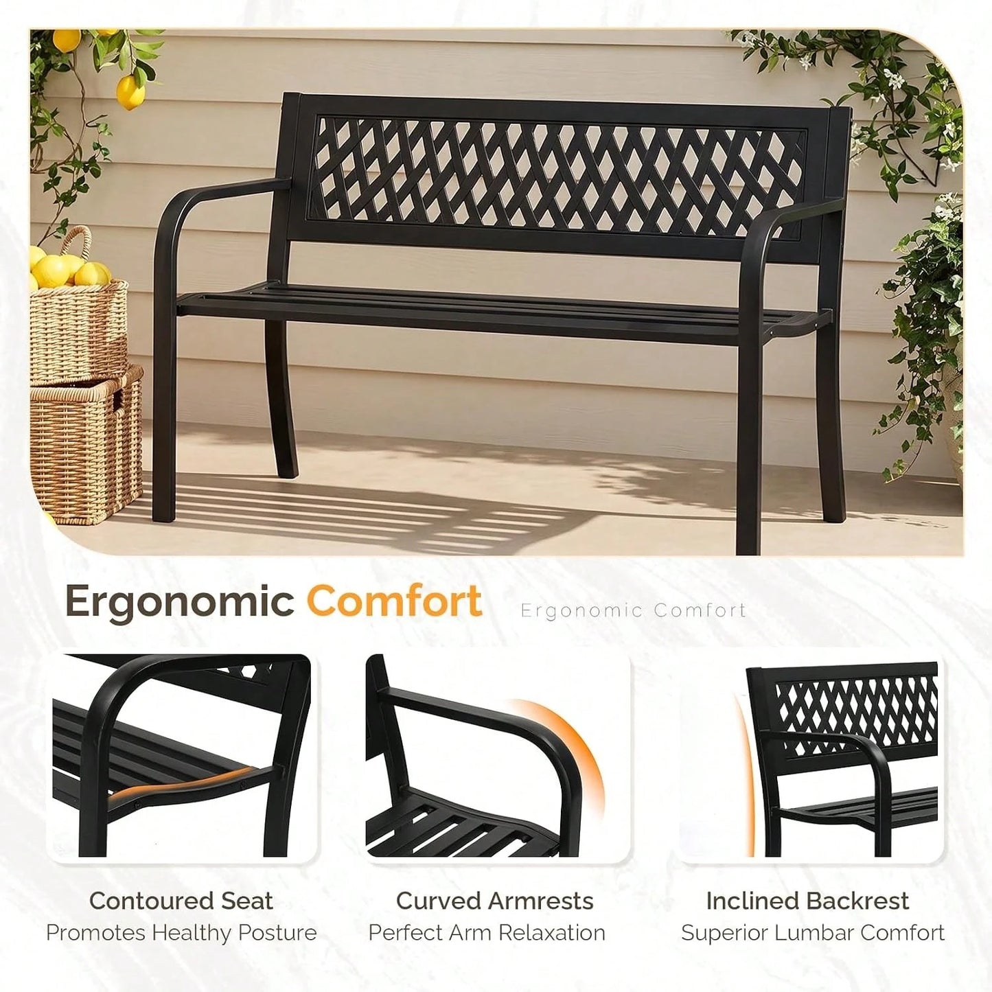47'' Outdoor Bench, Weather Resistant Garden Patio Bench Powder Coated Iron Frame W/PVC Mesh Backrest Slatted Seat, 2-Person Outdoor Furniture For Front Porch Entryway Park Black