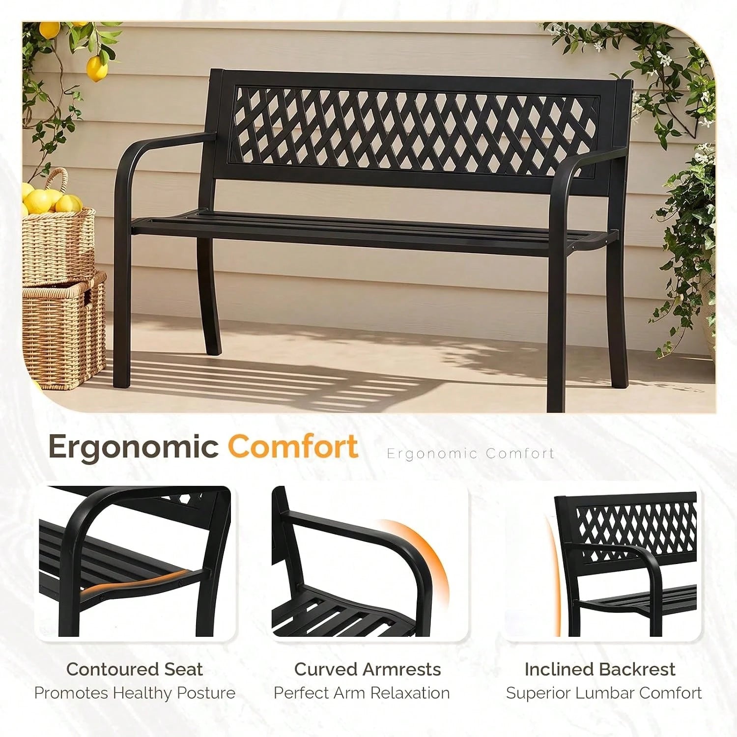 47'' Outdoor Bench, Weather Resistant Garden Patio Bench Powder Coated Iron Frame W/PVC Mesh Backrest Slatted Seat, 2-Person Outdoor Furniture For Front Porch Entryway Park Black
