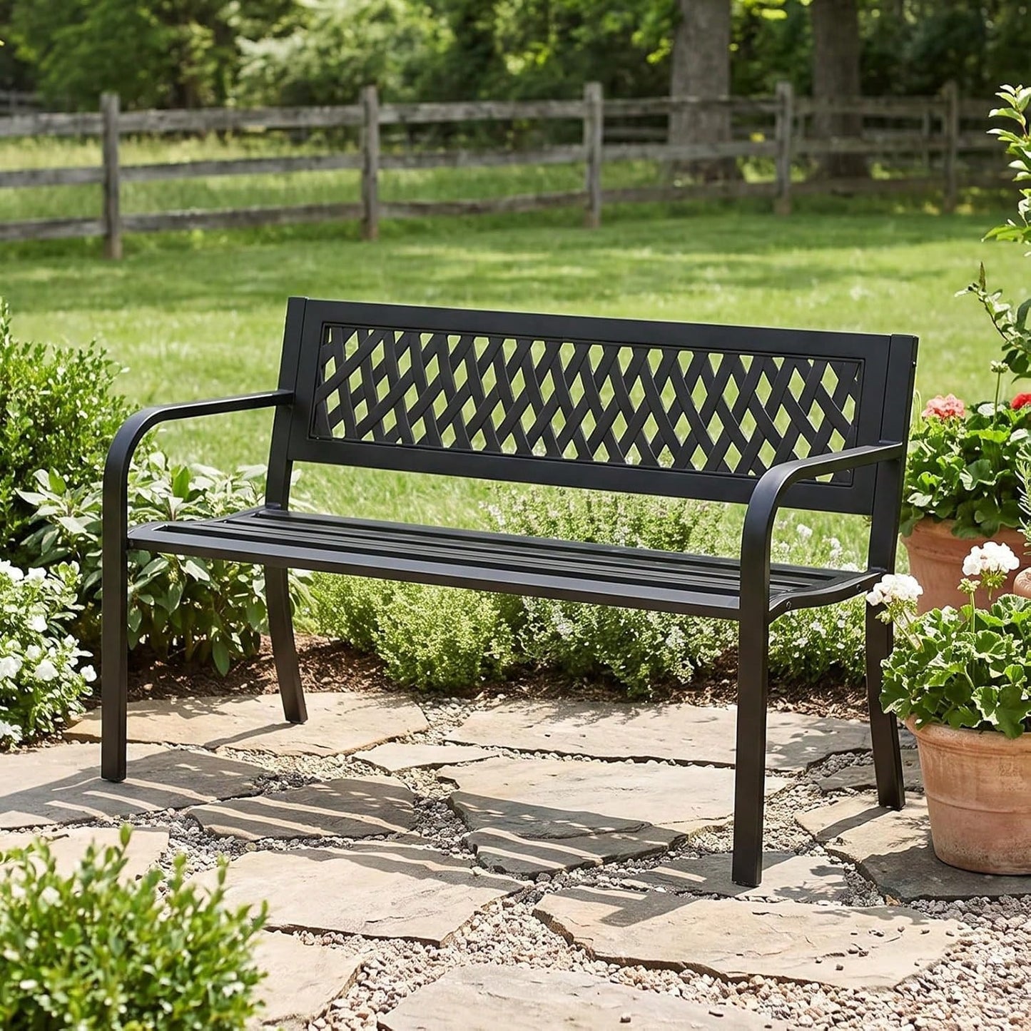 47'' Outdoor Bench, Weather Resistant Garden Patio Bench Powder Coated Iron Frame W/PVC Mesh Backrest Slatted Seat, 2-Person Outdoor Furniture For Front Porch Entryway Park Black