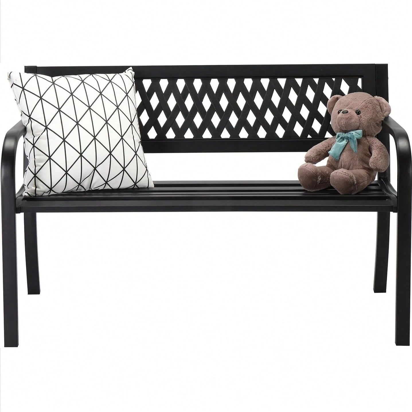 47'' Outdoor Bench, Weather Resistant Garden Patio Bench Powder Coated Iron Frame W/PVC Mesh Backrest Slatted Seat, 2-Person Outdoor Furniture For Front Porch Entryway Park Black