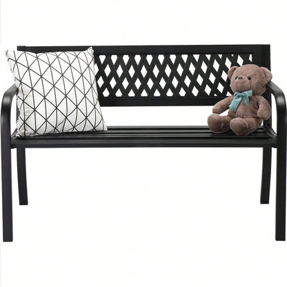 47'' Outdoor Bench, Weather Resistant Garden Patio Bench Powder Coated Iron Frame W/PVC Mesh Backrest Slatted Seat, 2-Person Outdoor Furniture For Front Porch Entryway Park Black