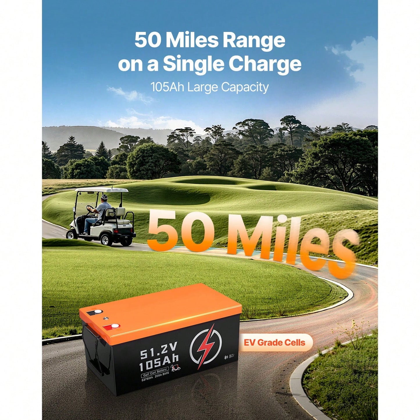 48V 105Ah Golf Cart Lithium Battery, 48 Volt Golf Cart Battery With 200A BMS, LCD Monitor And Mobile APP, LiFePO4 Battery With 600A Peak Current, 20A Charger And 4000+ Cycles, For Golf Carts