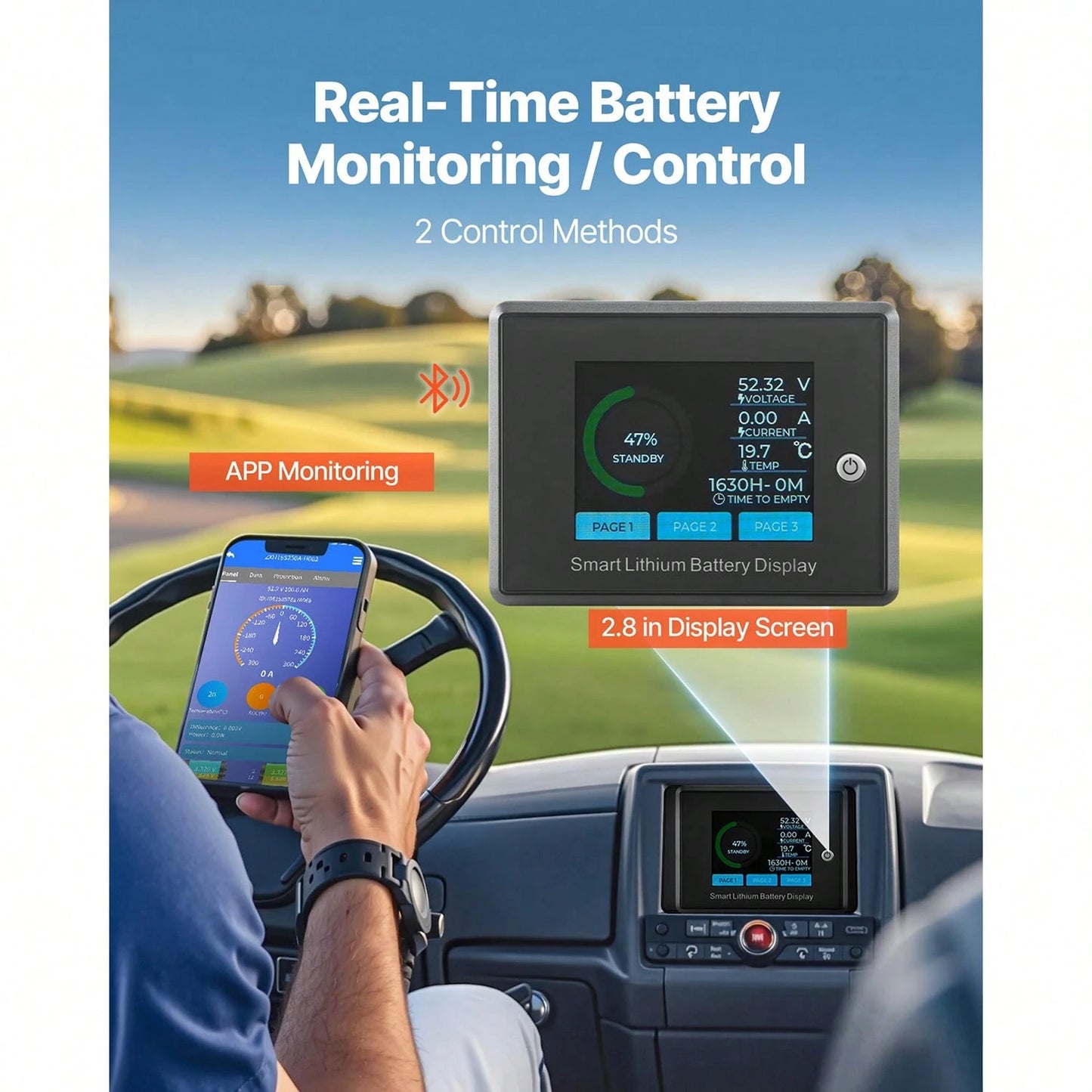 48V 105Ah Golf Cart Lithium Battery, 48 Volt Golf Cart Battery With 200A BMS, LCD Monitor And Mobile APP, LiFePO4 Battery With 600A Peak Current, 20A Charger And 4000+ Cycles, For Golf Carts