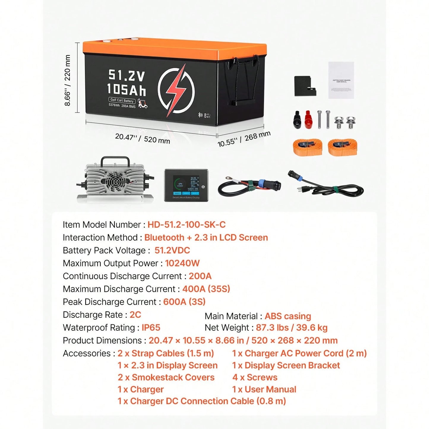 48V 105Ah Golf Cart Lithium Battery, 48 Volt Golf Cart Battery With 200A BMS, LCD Monitor And Mobile APP, LiFePO4 Battery With 600A Peak Current, 20A Charger And 4000+ Cycles, For Golf Carts