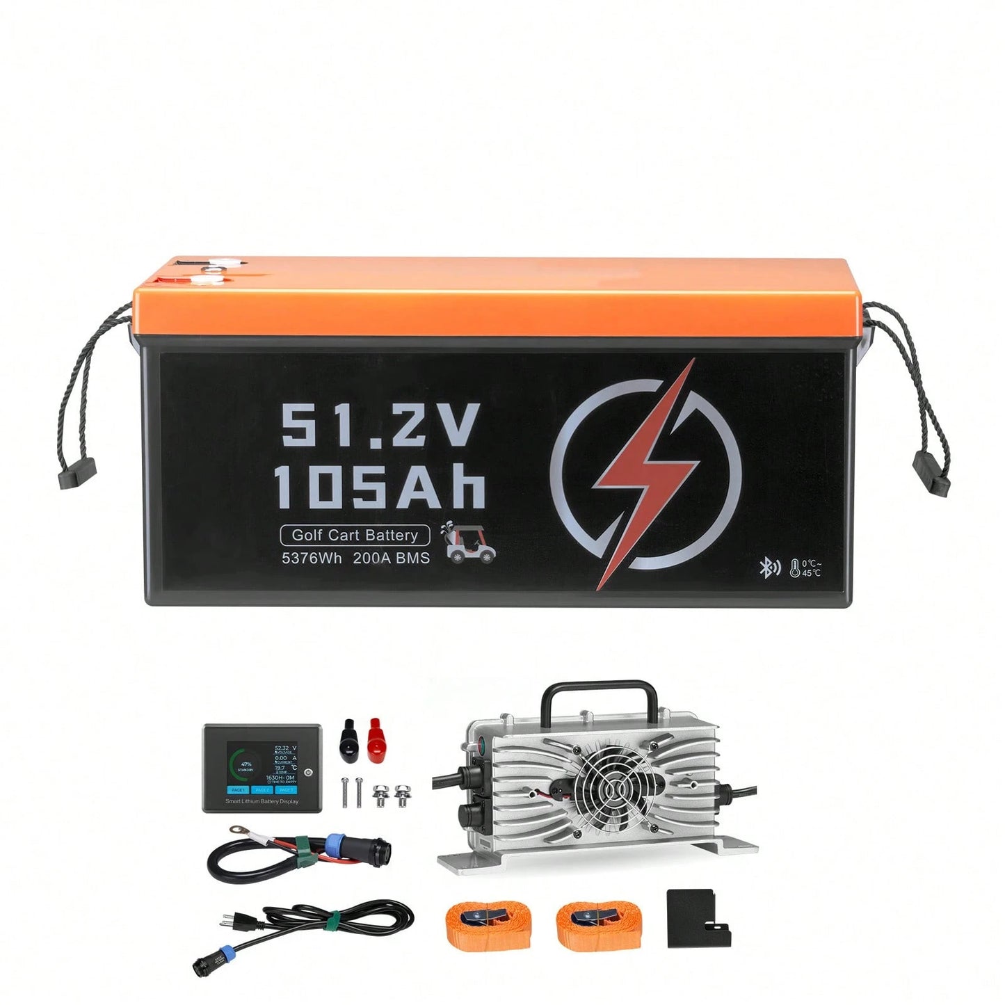 48V 105Ah Golf Cart Lithium Battery, 48 Volt Golf Cart Battery With 200A BMS, LCD Monitor And Mobile APP, LiFePO4 Battery With 600A Peak Current, 20A Charger And 4000+ Cycles, For Golf Carts