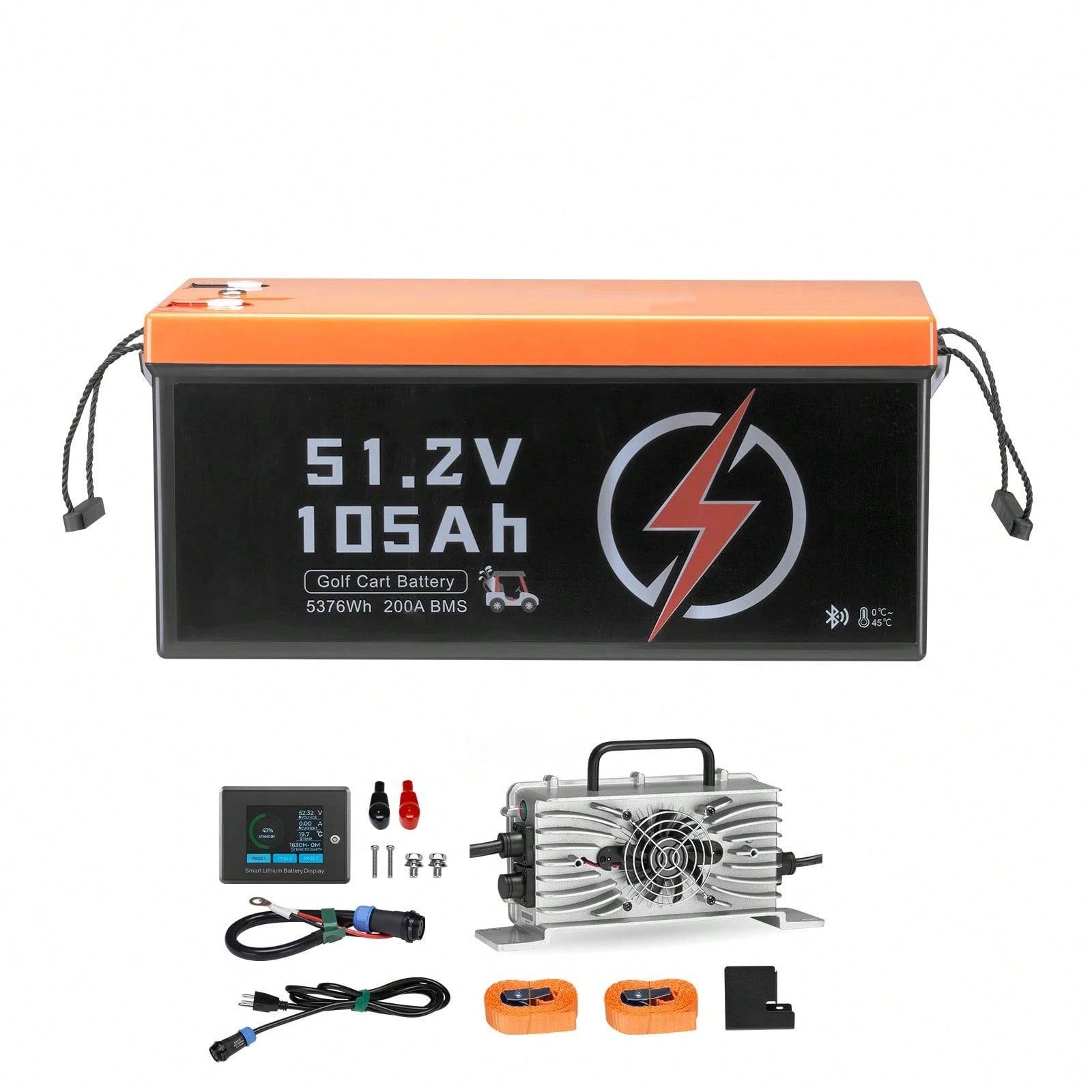 48V 105Ah Golf Cart Lithium Battery, 48 Volt Golf Cart Battery With 200A BMS, LCD Monitor And Mobile APP, LiFePO4 Battery With 600A Peak Current, 20A Charger And 4000+ Cycles, For Golf Carts