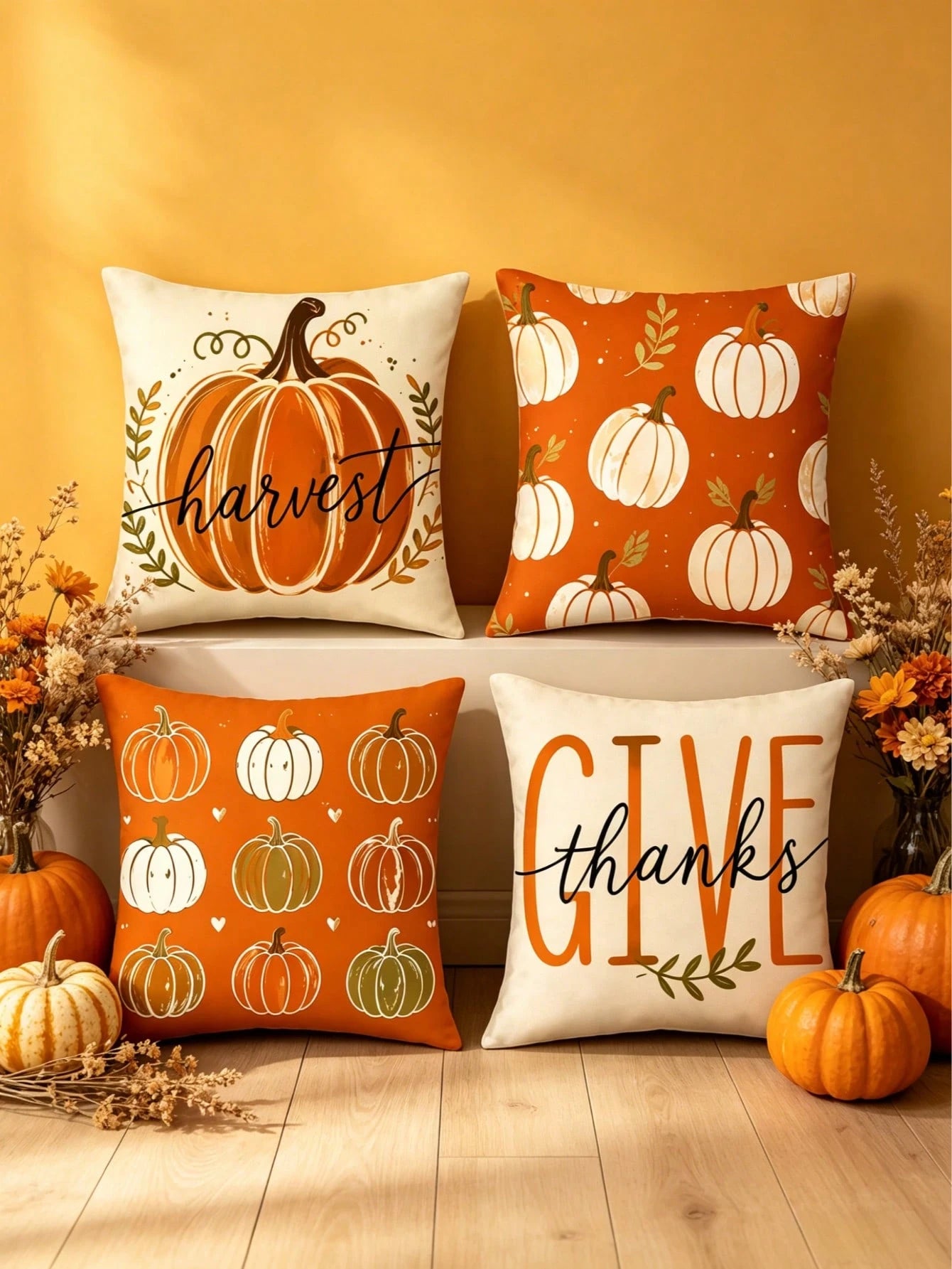 4pcs/1pc Autumn Pumpkin Print Pillowcase Set, Thanksgiving Harvest Throw Pillow Cover- Vintage Hand-Painted Pumpkin Pattern| 18x18 Inches| Zipper Closure| Soft & Comfortable Fabric- Durable & Fad