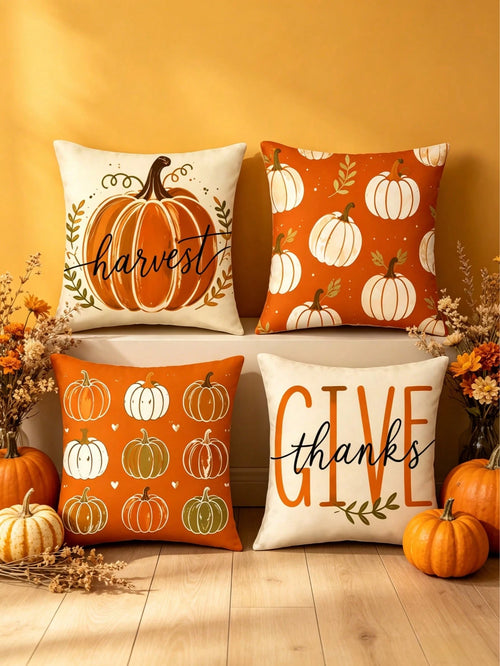 4pcs/1pc Autumn Pumpkin Print Pillowcase Set, Thanksgiving Harvest Throw Pillow Cover- Vintage Hand-Painted Pumpkin Pattern| 18x18 Inches| Zipper Closure| Soft & Comfortable Fabric- Durable & Fad