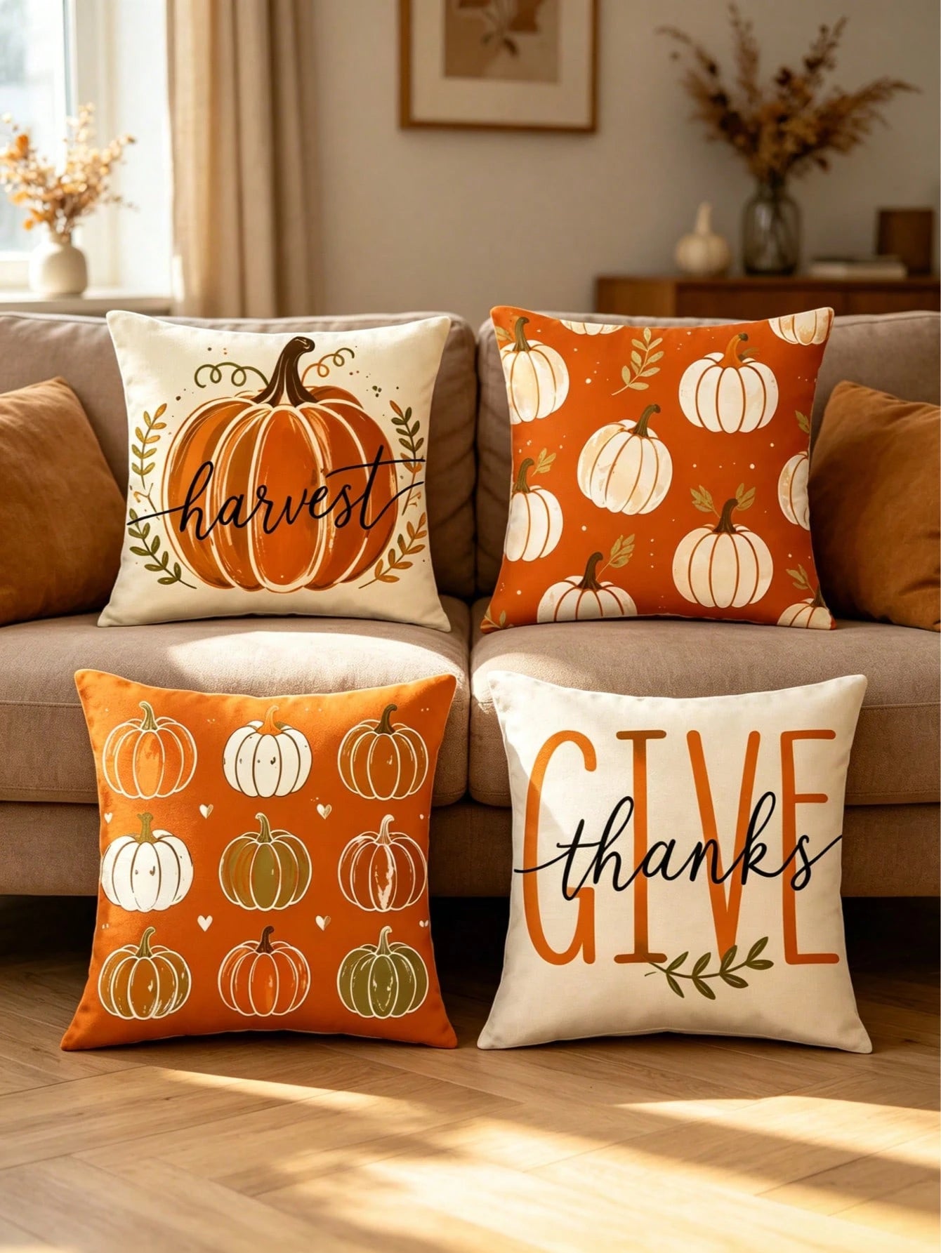 4pcs/1pc Autumn Pumpkin Print Pillowcase Set, Thanksgiving Harvest Throw Pillow Cover- Vintage Hand-Painted Pumpkin Pattern| 18x18 Inches| Zipper Closure| Soft & Comfortable Fabric- Durable & Fad
