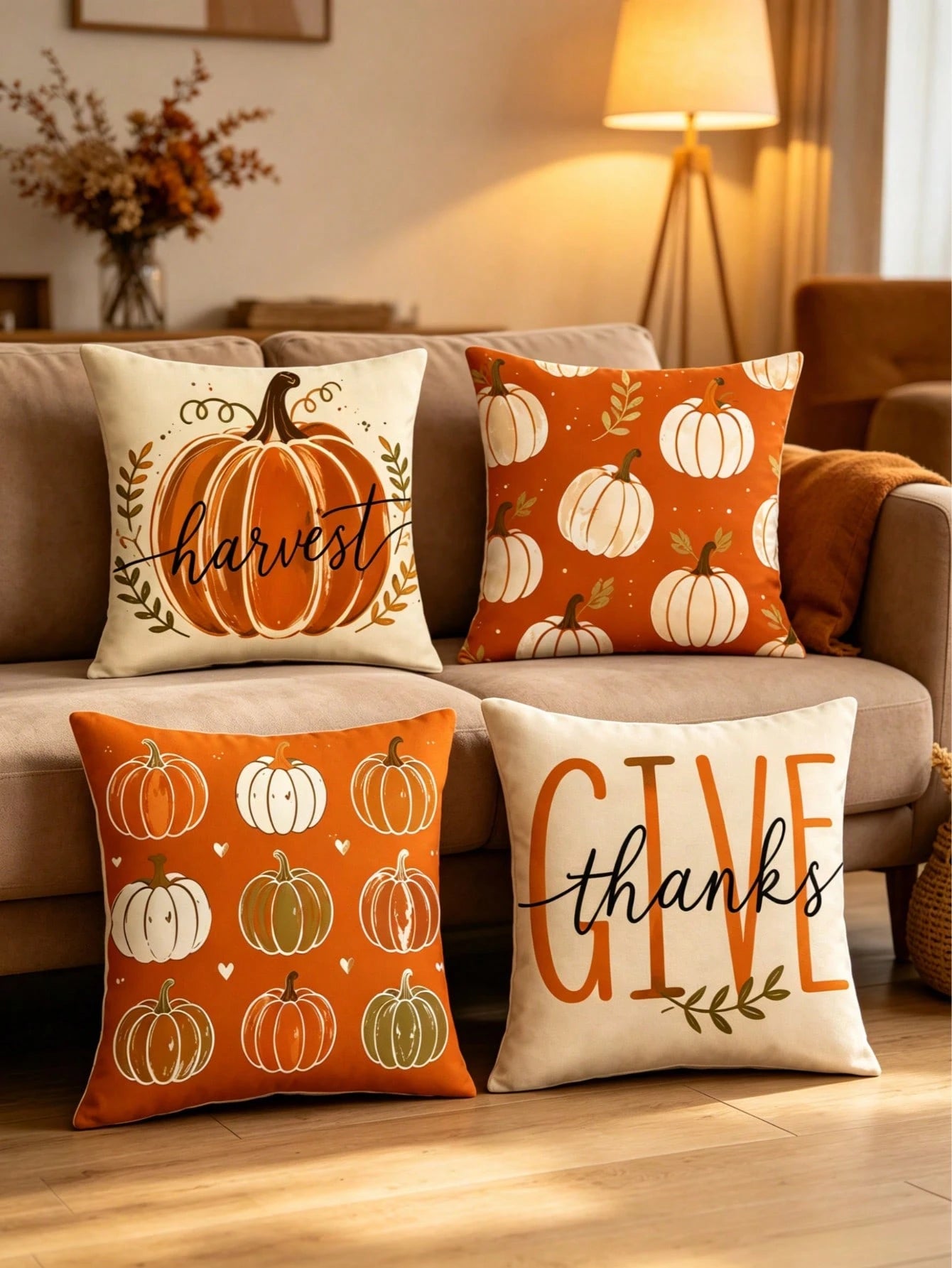 4pcs/1pc Autumn Pumpkin Print Pillowcase Set, Thanksgiving Harvest Throw Pillow Cover- Vintage Hand-Painted Pumpkin Pattern| 18x18 Inches| Zipper Closure| Soft & Comfortable Fabric- Durable & Fad