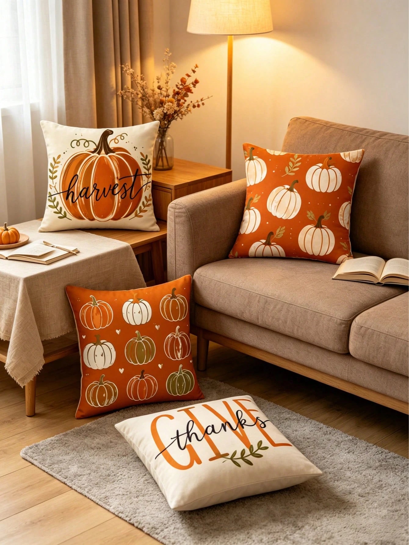 4pcs/1pc Autumn Pumpkin Print Pillowcase Set, Thanksgiving Harvest Throw Pillow Cover- Vintage Hand-Painted Pumpkin Pattern| 18x18 Inches| Zipper Closure| Soft & Comfortable Fabric- Durable & Fad