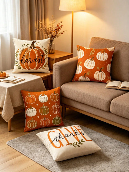 4pcs/1pc Autumn Pumpkin Print Pillowcase Set, Thanksgiving Harvest Throw Pillow Cover- Vintage Hand-Painted Pumpkin Pattern| 18x18 Inches| Zipper Closure| Soft & Comfortable Fabric- Durable & Fad