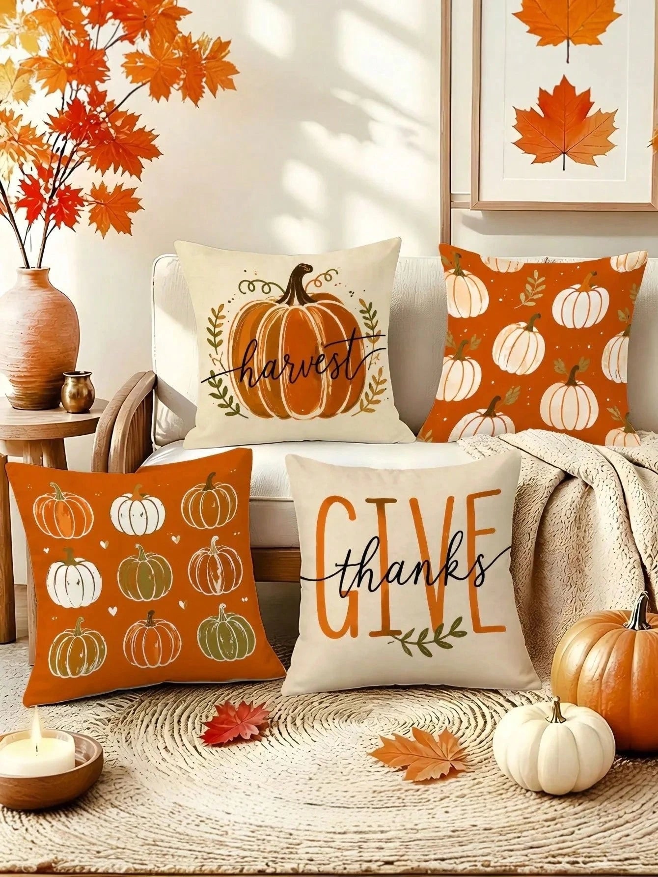 4pcs/1pc Autumn Pumpkin Print Pillowcase Set, Thanksgiving Harvest Throw Pillow Cover- Vintage Hand-Painted Pumpkin Pattern| 18x18 Inches| Zipper Closure| Soft & Comfortable Fabric- Durable & Fad