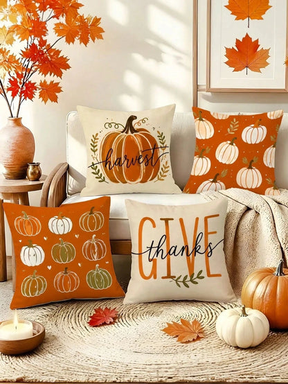 4pcs/1pc Autumn Pumpkin Print Pillowcase Set, Thanksgiving Harvest Throw Pillow Cover- Vintage Hand-Painted Pumpkin Pattern| 18x18 Inches| Zipper Closure| Soft & Comfortable Fabric- Durable & Fad