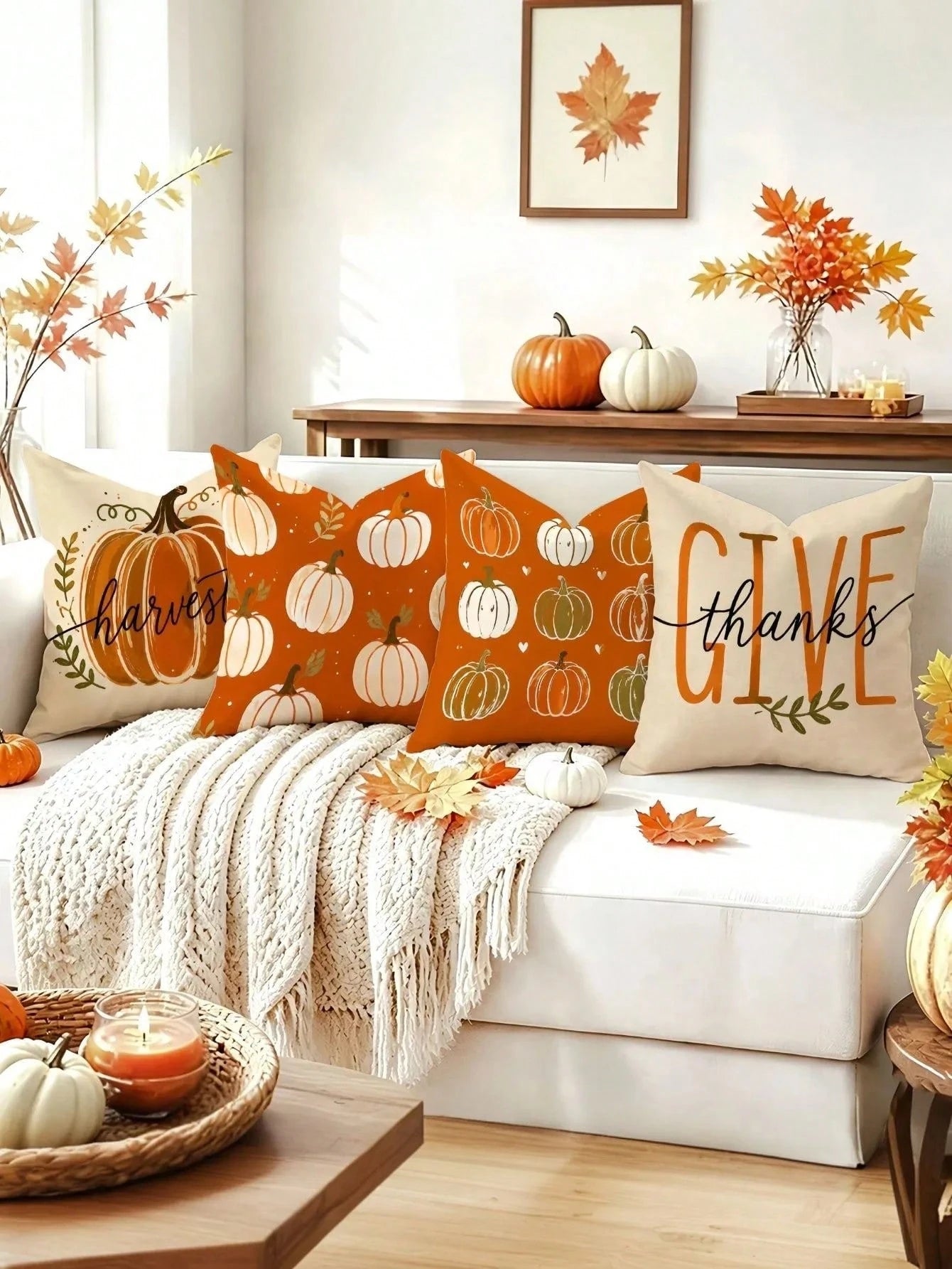4pcs/1pc Autumn Pumpkin Print Pillowcase Set, Thanksgiving Harvest Throw Pillow Cover- Vintage Hand-Painted Pumpkin Pattern| 18x18 Inches| Zipper Closure| Soft & Comfortable Fabric- Durable & Fad