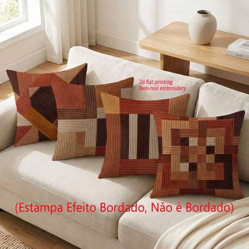 4pcs American Country Brown Tone Plaid Patchwork Print Pillow Covers, Single-Sided 2D Flat Printing, Not 3D Real Embroidery, 45x45cm (18x18in), Soft Comfortable Polyester Cushion Covers, Zipper Closur