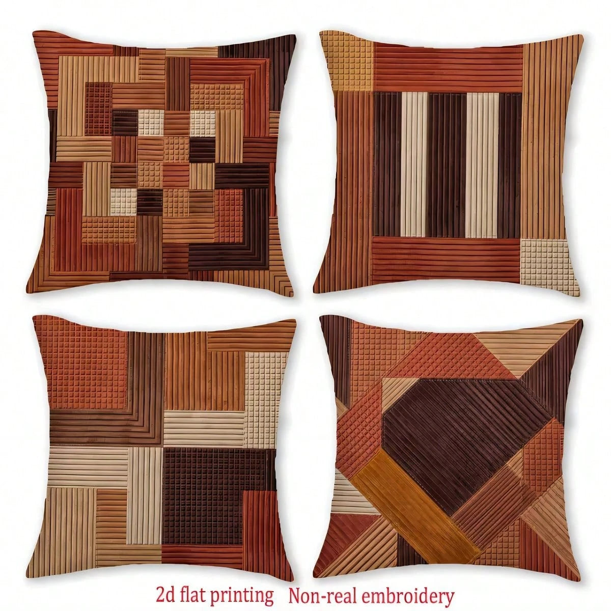 4pcs American Country Brown Tone Plaid Patchwork Print Pillow Covers, Single-Sided 2D Flat Printing, Not 3D Real Embroidery, 45x45cm (18x18in), Soft Comfortable Polyester Cushion Covers, Zipper Closur