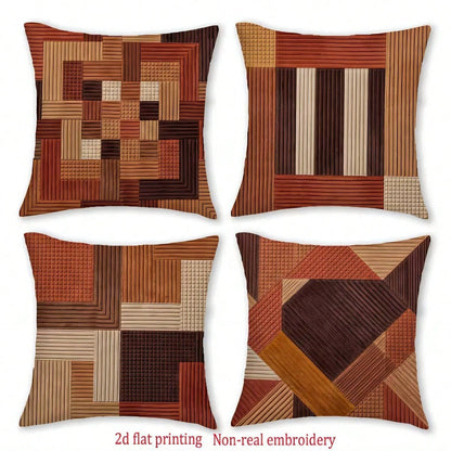 4pcs American Country Brown Tone Plaid Patchwork Print Pillow Covers, Single-Sided 2D Flat Printing, Not 3D Real Embroidery, 45x45cm (18x18in), Soft Comfortable Polyester Cushion Covers, Zipper Closur