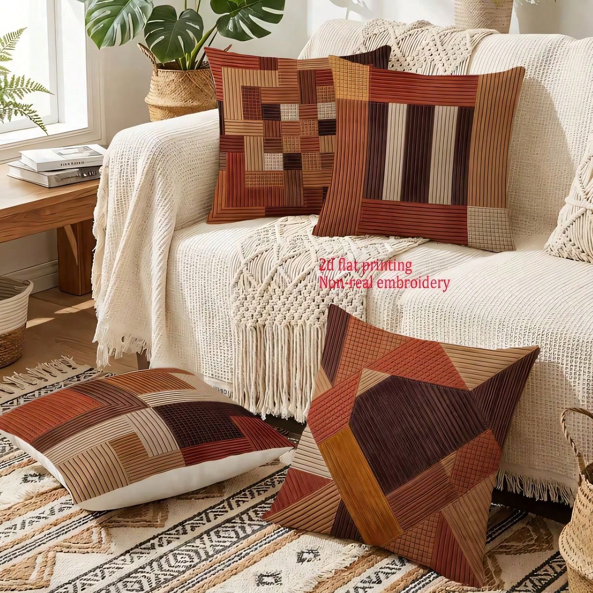 4pcs American Country Brown Tone Plaid Patchwork Print Pillow Covers, Single-Sided 2D Flat Printing, Not 3D Real Embroidery, 45x45cm (18x18in), Soft Comfortable Polyester Cushion Covers, Zipper Closur