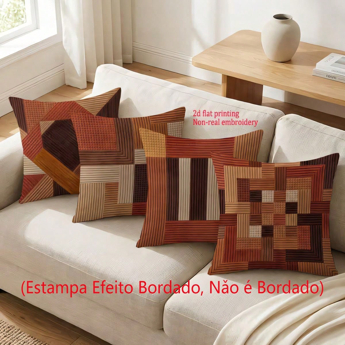 4pcs American Country Brown Tone Plaid Patchwork Print Pillow Covers, Single-Sided 2D Flat Printing, Not 3D Real Embroidery, 45x45cm (18x18in), Soft Comfortable Polyester Cushion Covers, Zipper Closur