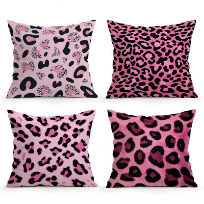 4pcs Black & Pink Leopard Print Pillow Covers, Single-Sided Printed Pillow Covers, Suitable For Living Room Bedroom Home Decor, All Season Pillow Covers