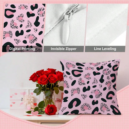 4pcs Black & Pink Leopard Print Pillow Covers, Single-Sided Printed Pillow Covers, Suitable For Living Room Bedroom Home Decor, All Season Pillow Covers