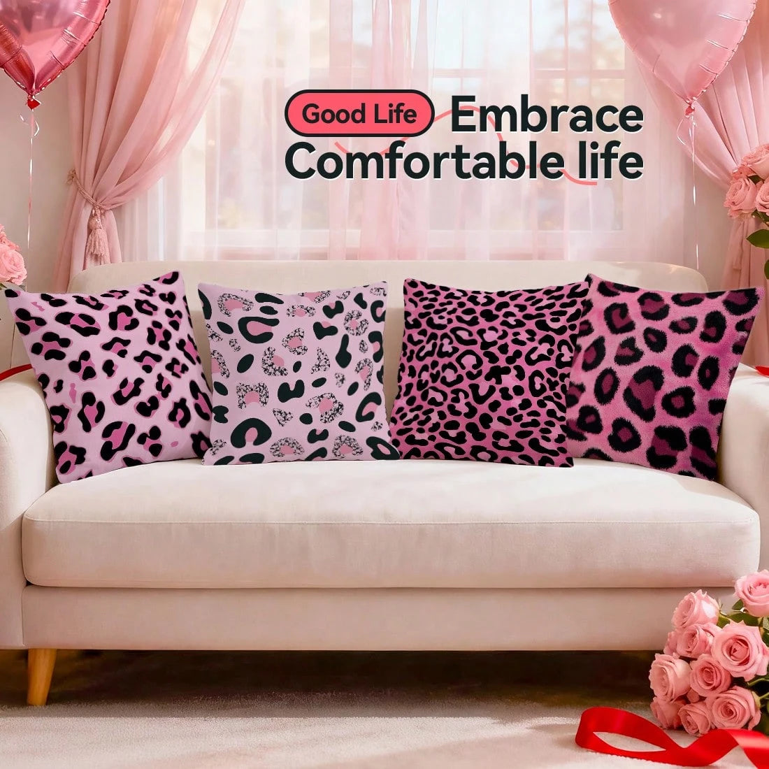 4pcs Black & Pink Leopard Print Pillow Covers, Single-Sided Printed Pillow Covers, Suitable For Living Room Bedroom Home Decor, All Season Pillow Covers
