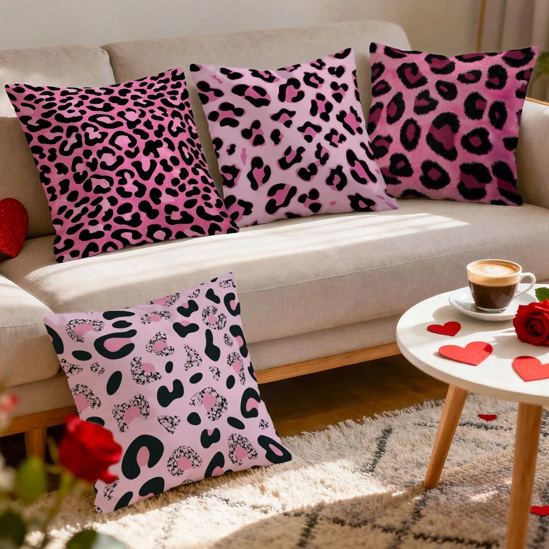 4pcs Black & Pink Leopard Print Pillow Covers, Single-Sided Printed Pillow Covers, Suitable For Living Room Bedroom Home Decor, All Season Pillow Covers