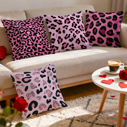4pcs Black & Pink Leopard Print Pillow Covers, Single-Sided Printed Pillow Covers, Suitable For Living Room Bedroom Home Decor, All Season Pillow Covers
