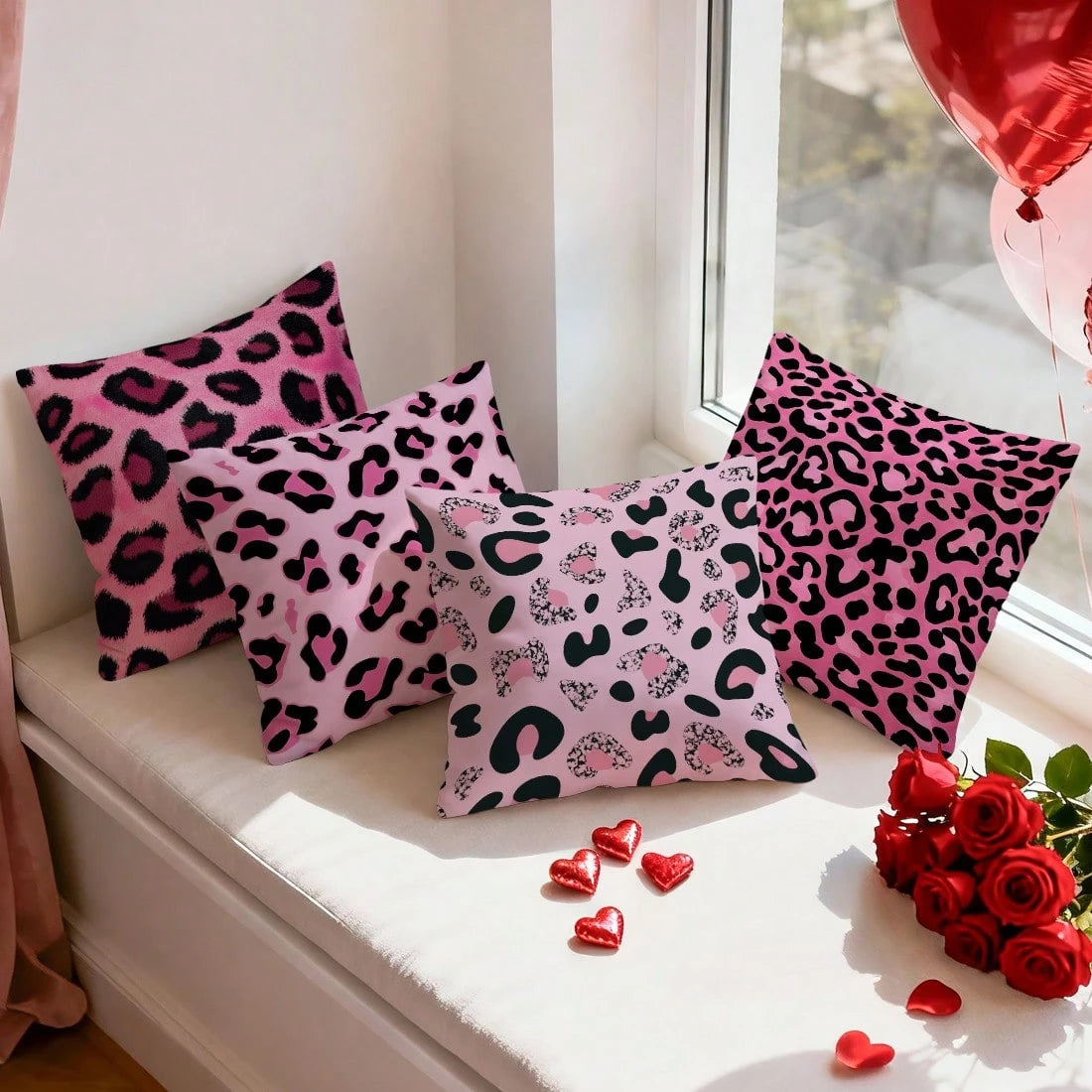 4pcs Black & Pink Leopard Print Pillow Covers, Single-Sided Printed Pillow Covers, Suitable For Living Room Bedroom Home Decor, All Season Pillow Covers