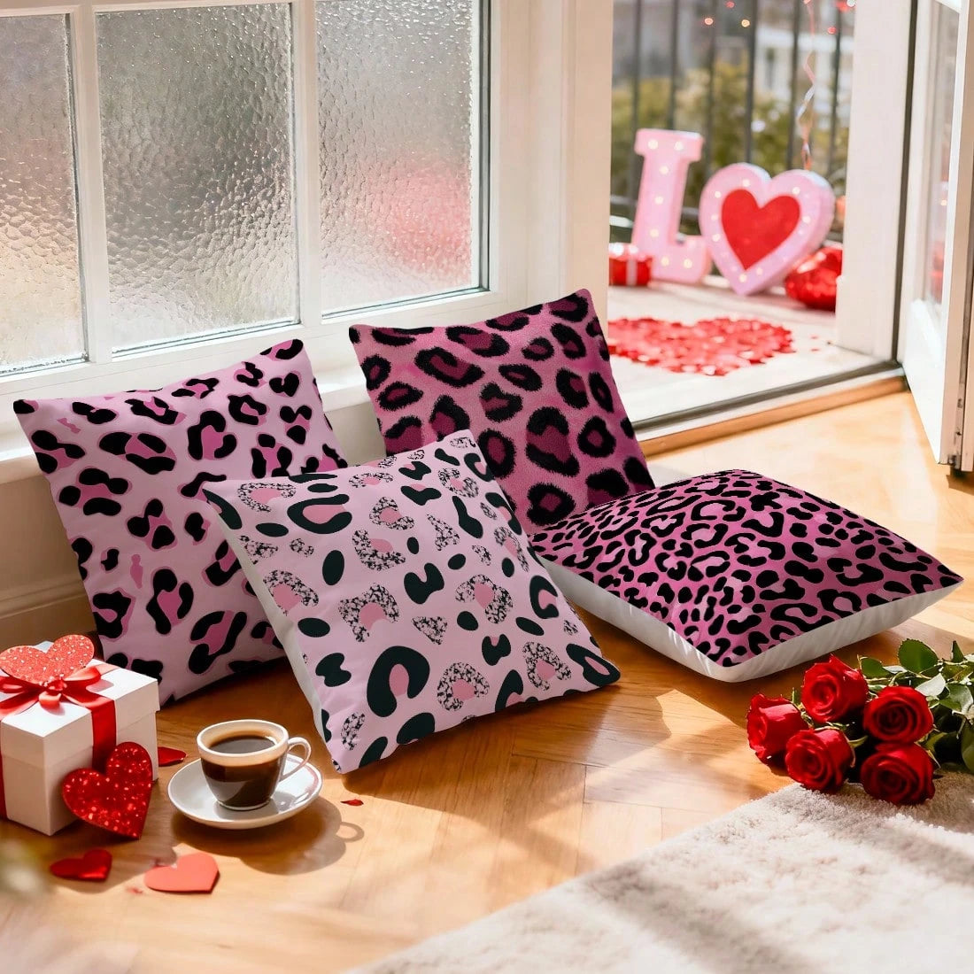 4pcs Black & Pink Leopard Print Pillow Covers, Single-Sided Printed Pillow Covers, Suitable For Living Room Bedroom Home Decor, All Season Pillow Covers